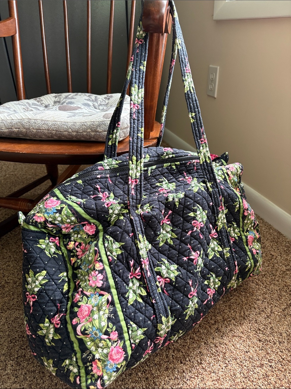 Vera Bradley Black Quilted Travel Duffel with Pink & Green Floral Print - Picture 2 of 2